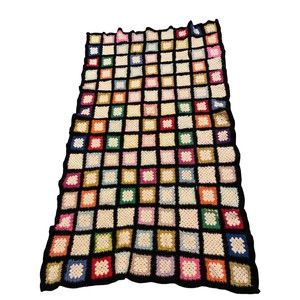 Granny Square Afghan Black Background Crochet Colorful 40x60” Retro Vintage